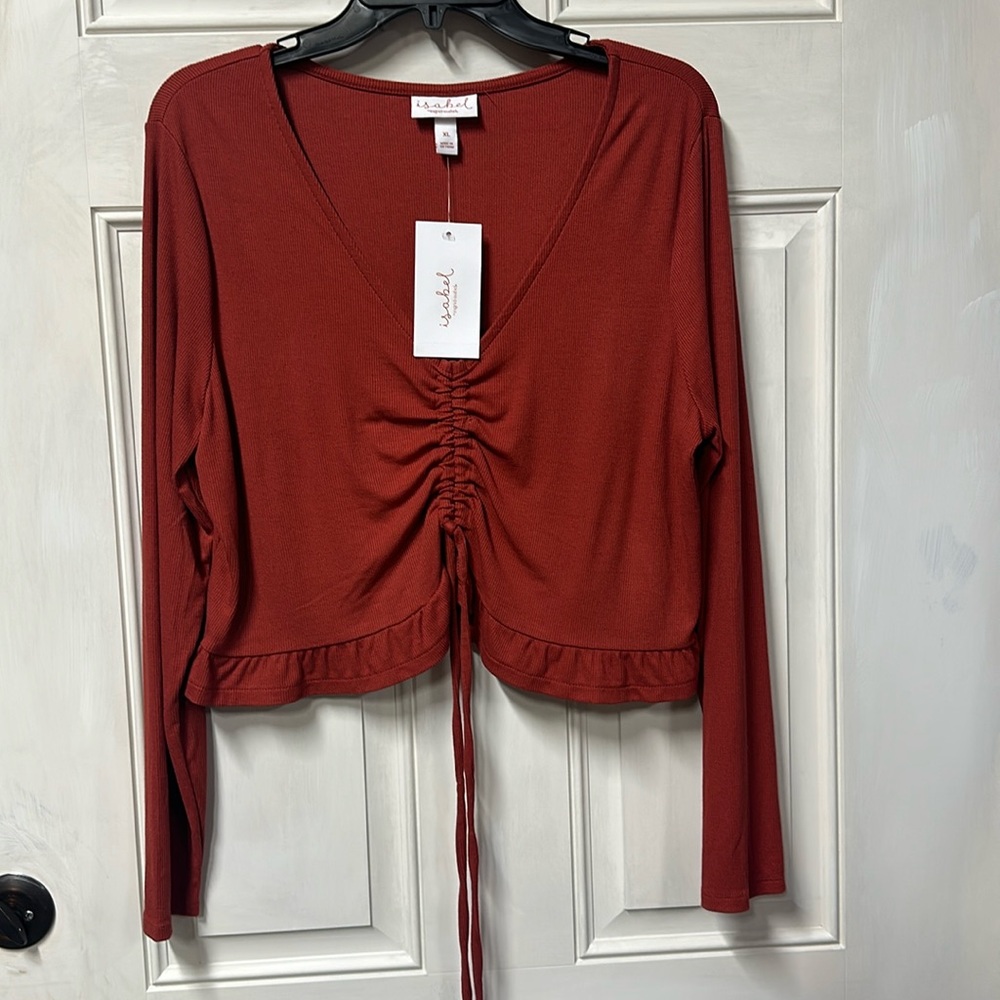 XL burgundy long sleeve cinched front top